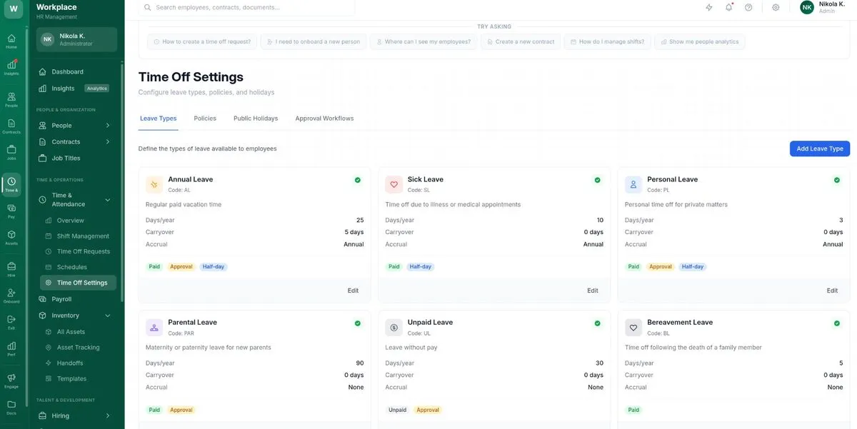 Workplace.hr Time Off Settings